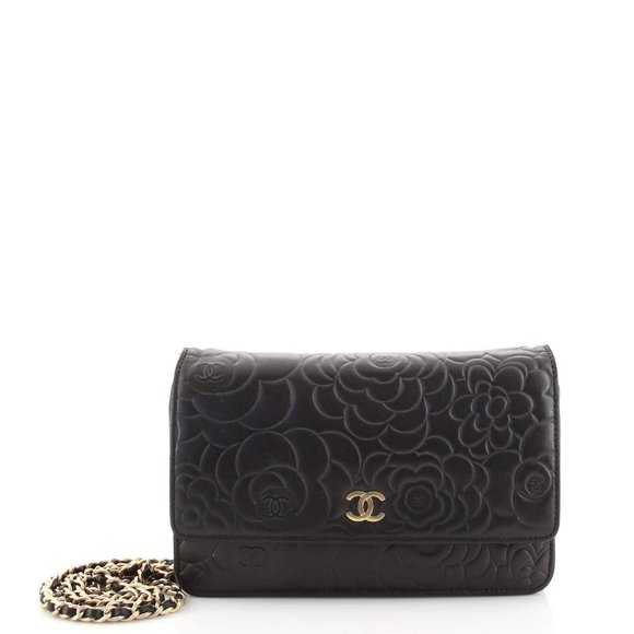 CHANEL Black Camellia Embossed WOC Wallet On Chain Shoulder Bag